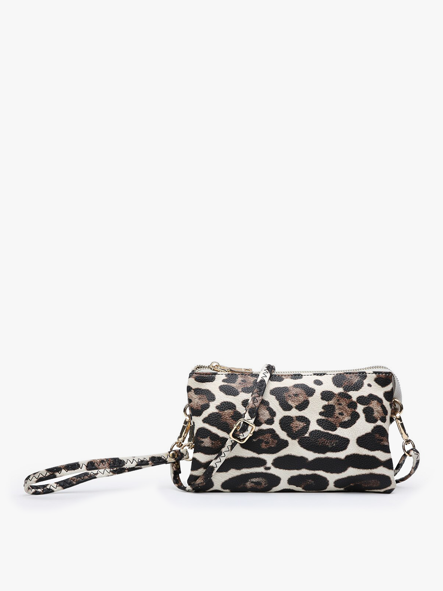 M013LP Riley Leopard 3 Compartment Crossbody/Wristlet