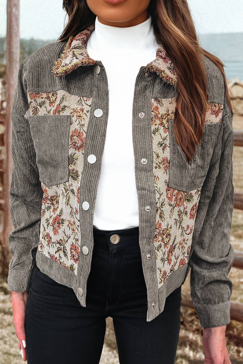 Fashion Rib Retro Floral Patchwork Shirt Style Jacket* S-4X