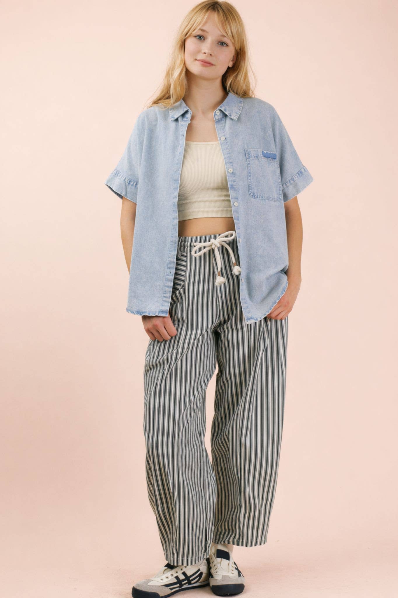 NT12493-Mineral Washed Chambray Oversized Shirt Top