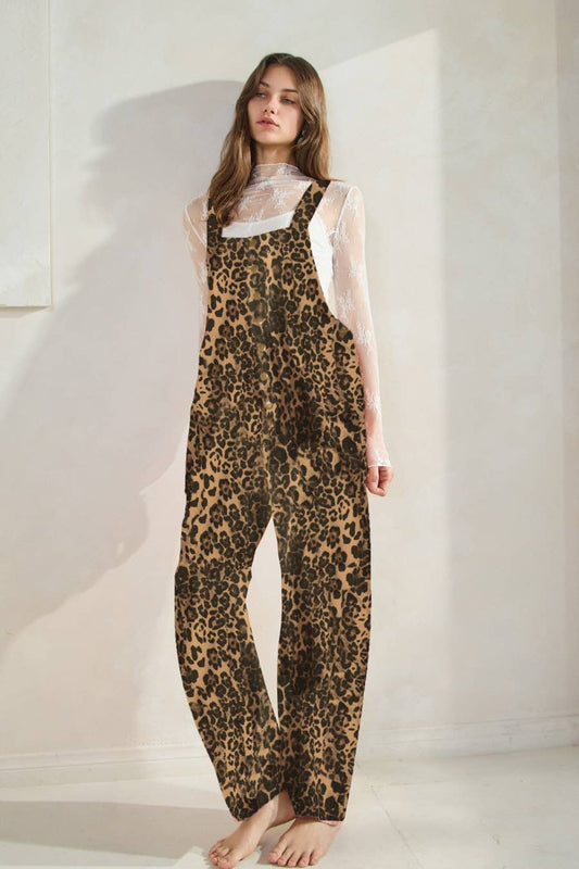 Plus Acid Washed Leopard Printed Denim Jumpsuit