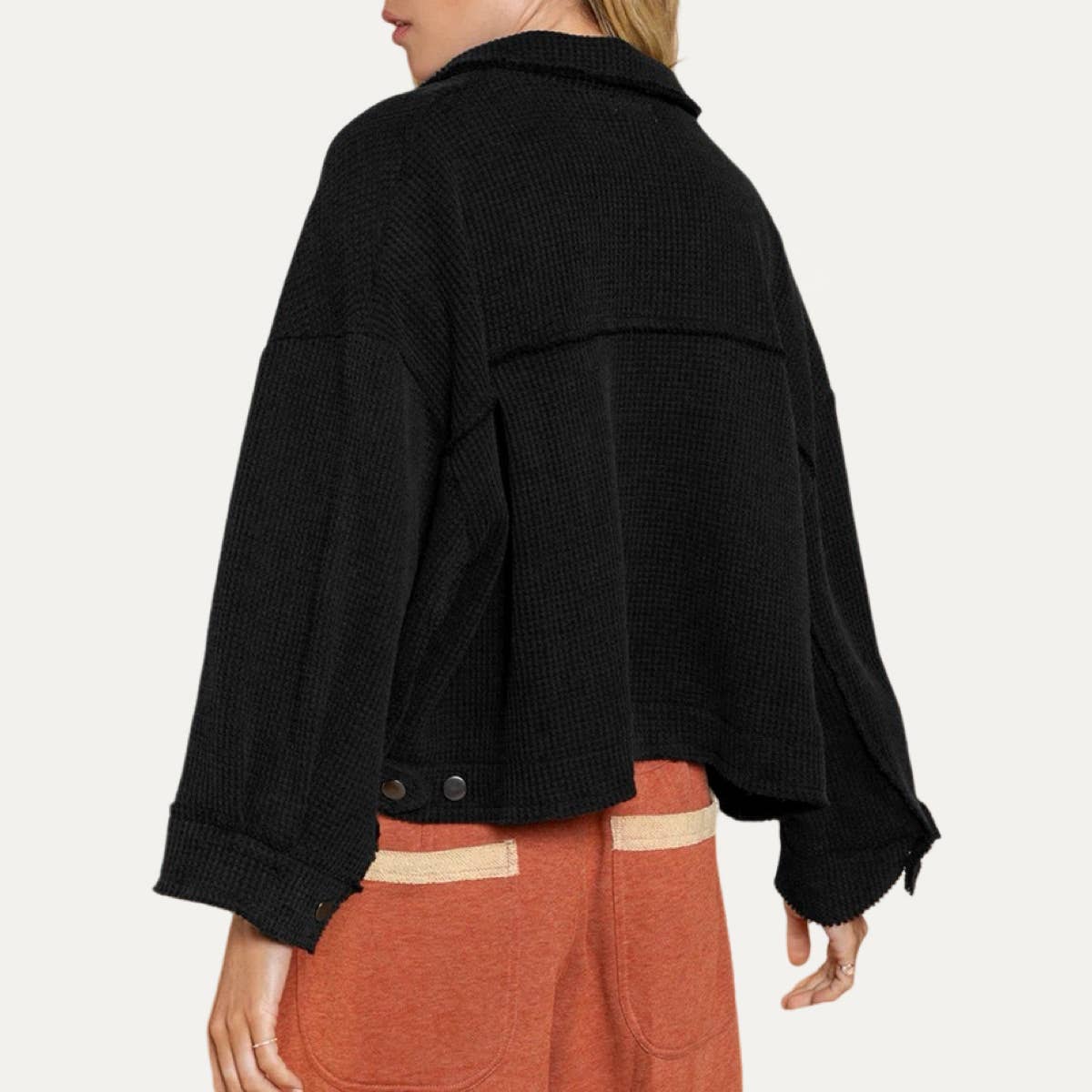 Always Popular Textured Button-Up Long Sleeve Cropped Jacket