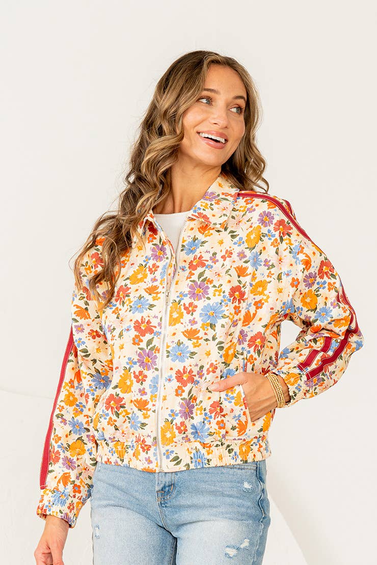 Plus Floral Zip Up Jacket with Side Pockets