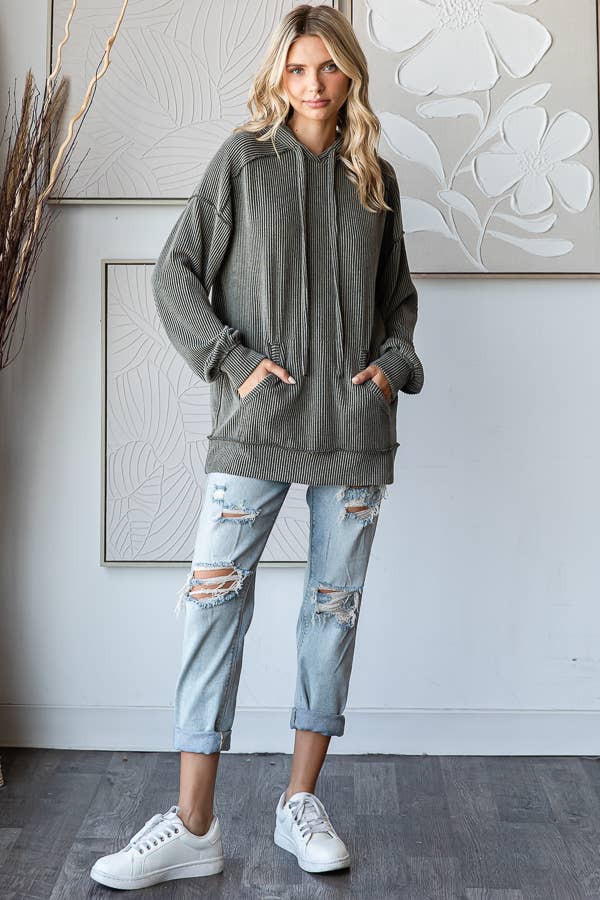 Solid Rib Drop Shoulder Front Pocket Drawstring Hoodie T5704