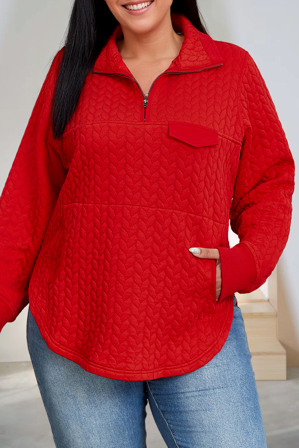 Cable Knit Textured Half Zip Pocketed Plus Size Pullover