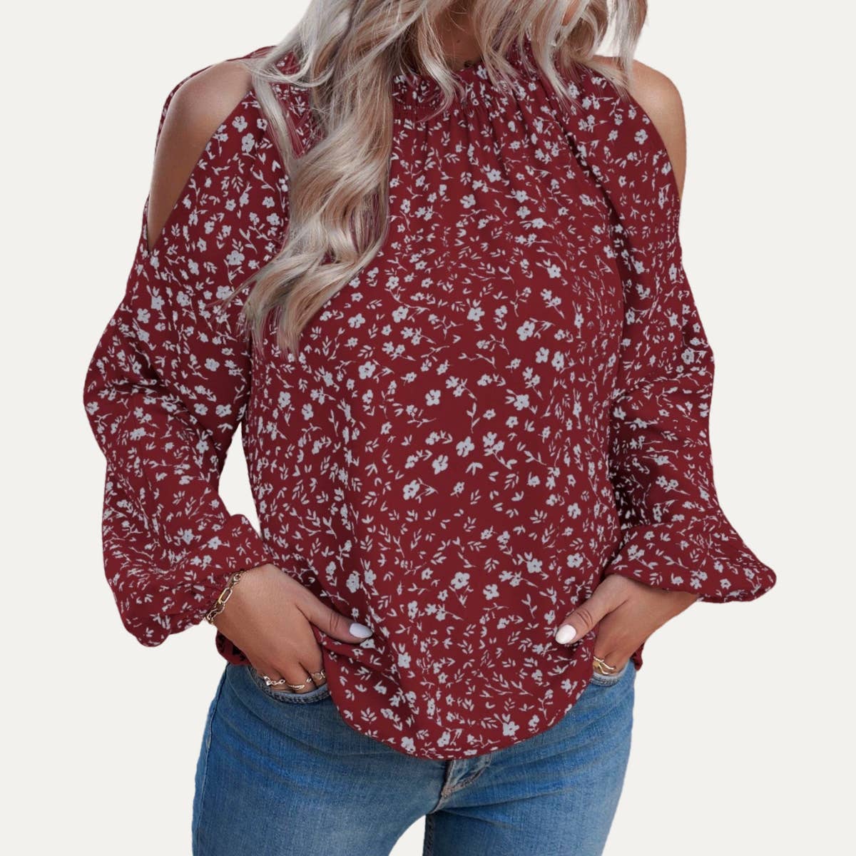 Sweetness Floral Print Cold-Shoulder Long Sleeve Top