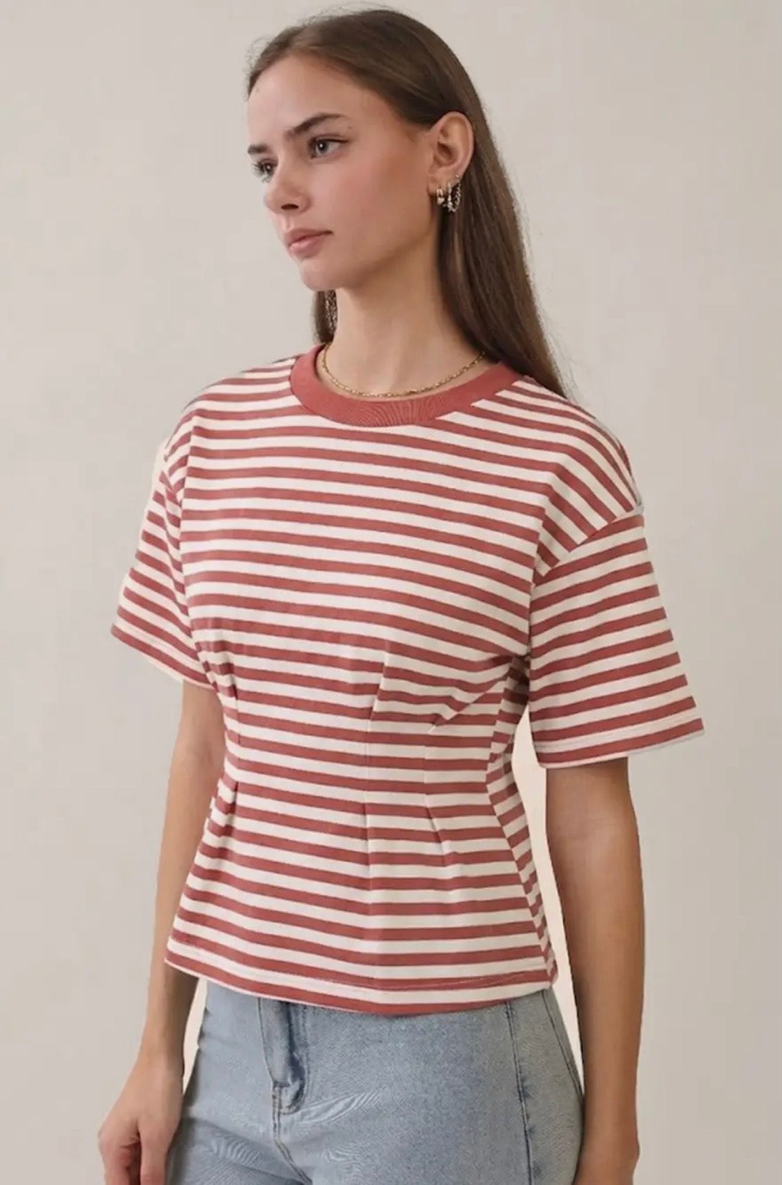 Stripe Short Sleeve Pintucked Shirt