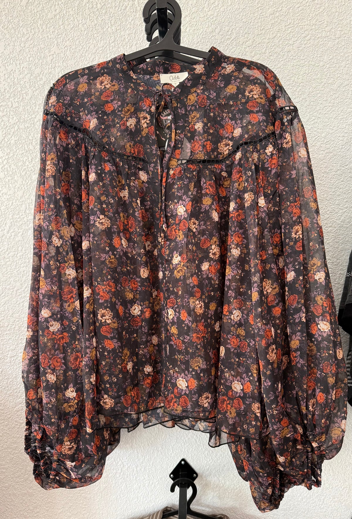 Sheer Floral Blouse Tie Neck Blouse