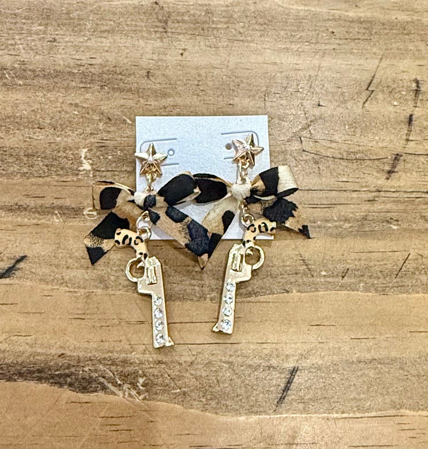 Cheetah Bow Pistol & Card Earrings