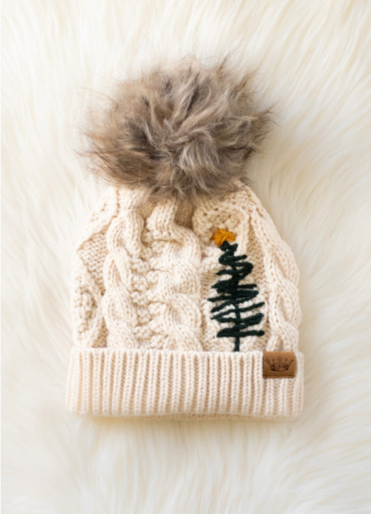 Beige Cable Knit Pom Beanie with Engraved Tree