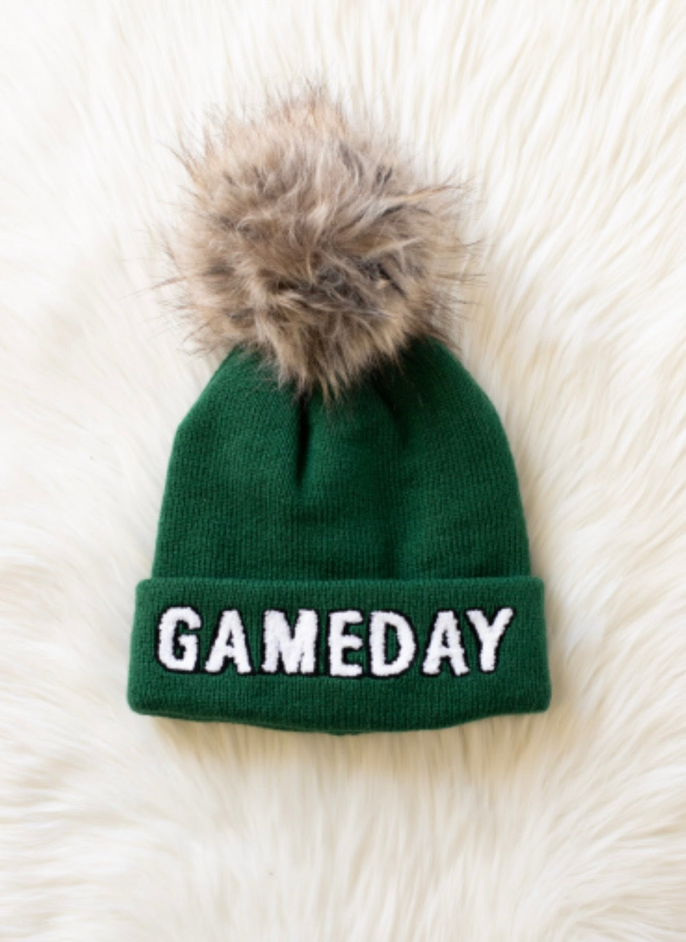 Green & White Pom Beanie