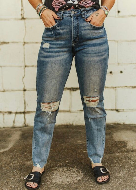 Stone Wash High Rise Ripped Boyfriend Frayed Hem Jeans