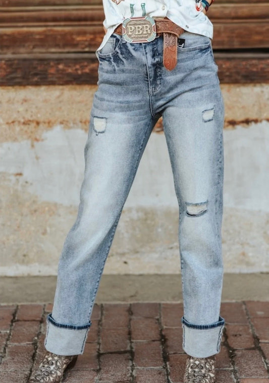 Vintage Stone Wash High Rise Distressed Cuffed Boyfriend Jeans