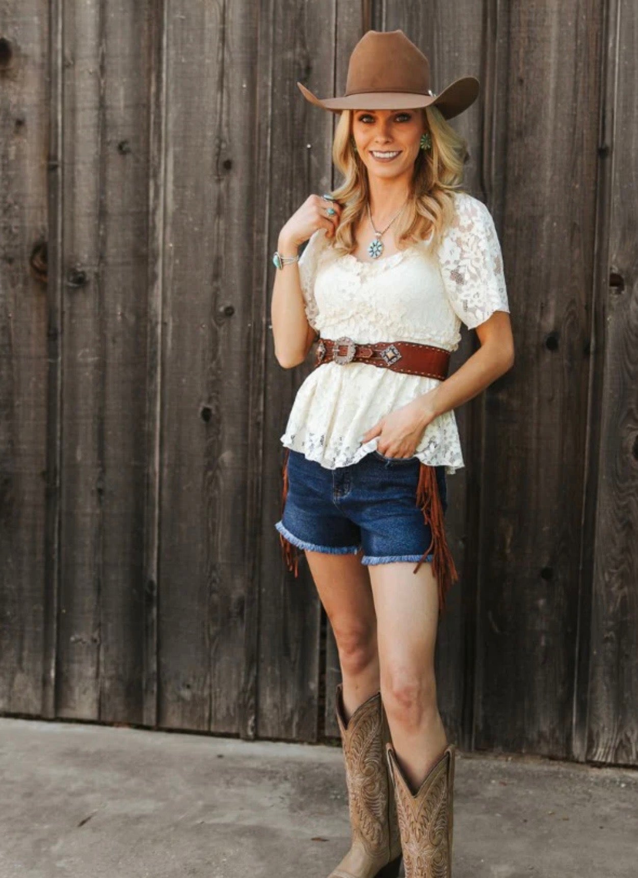 Denim High Rise Shorts With Camel Suede Side Fringe