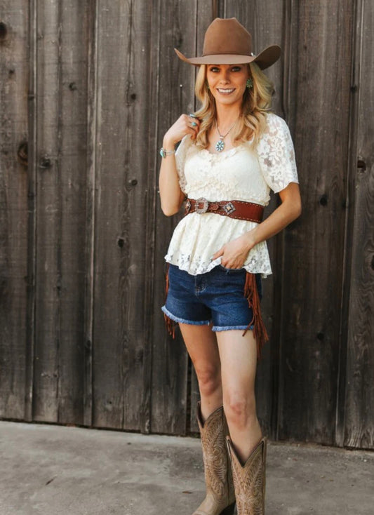 Denim High Rise Shorts With Camel Suede Side Fringe