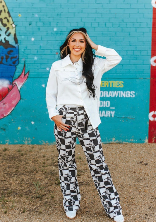 Black & White Checkered Kicking Horse Printed High Rise Trouser Jeans