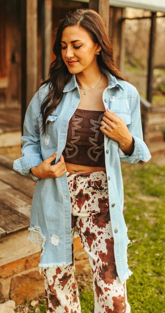 Light Stone Wash Denim Distressed Button Down Shirt