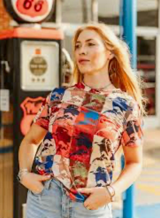 Multi Cowboy Collage Printed Short Sleeve Top