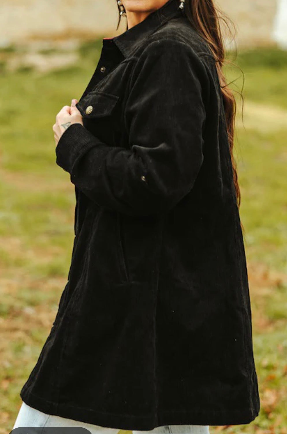 Black Corduroy Button-Down Pearl Snap Long Sleeve Tunic Shacket