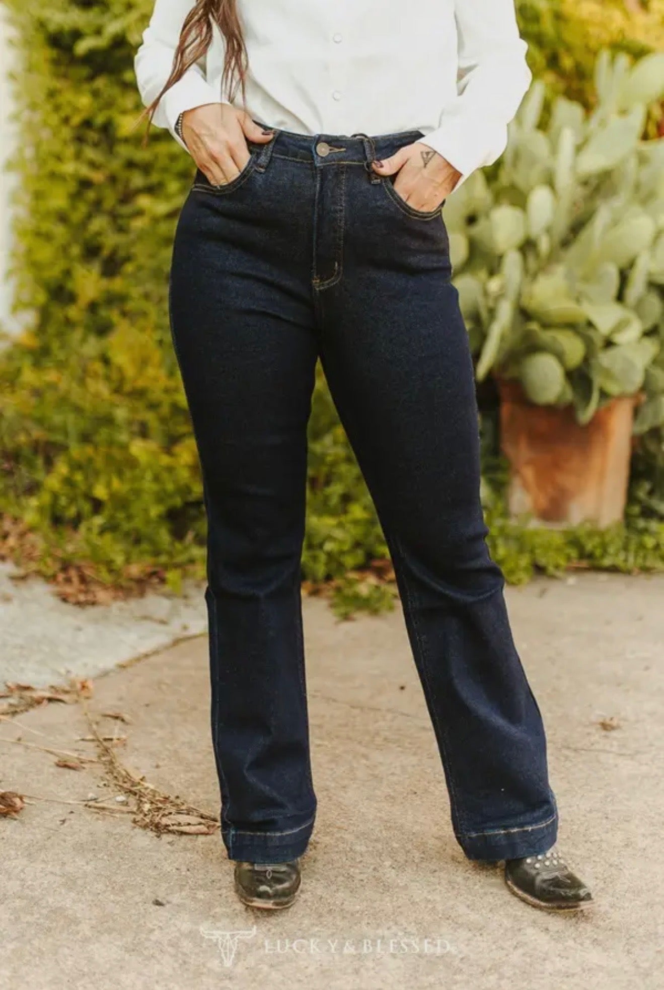 Dark Wash Mid Rise Trouser Jeans