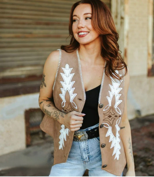 Camel Suede Boot Stitch Embroidered Vintage Concho Vest