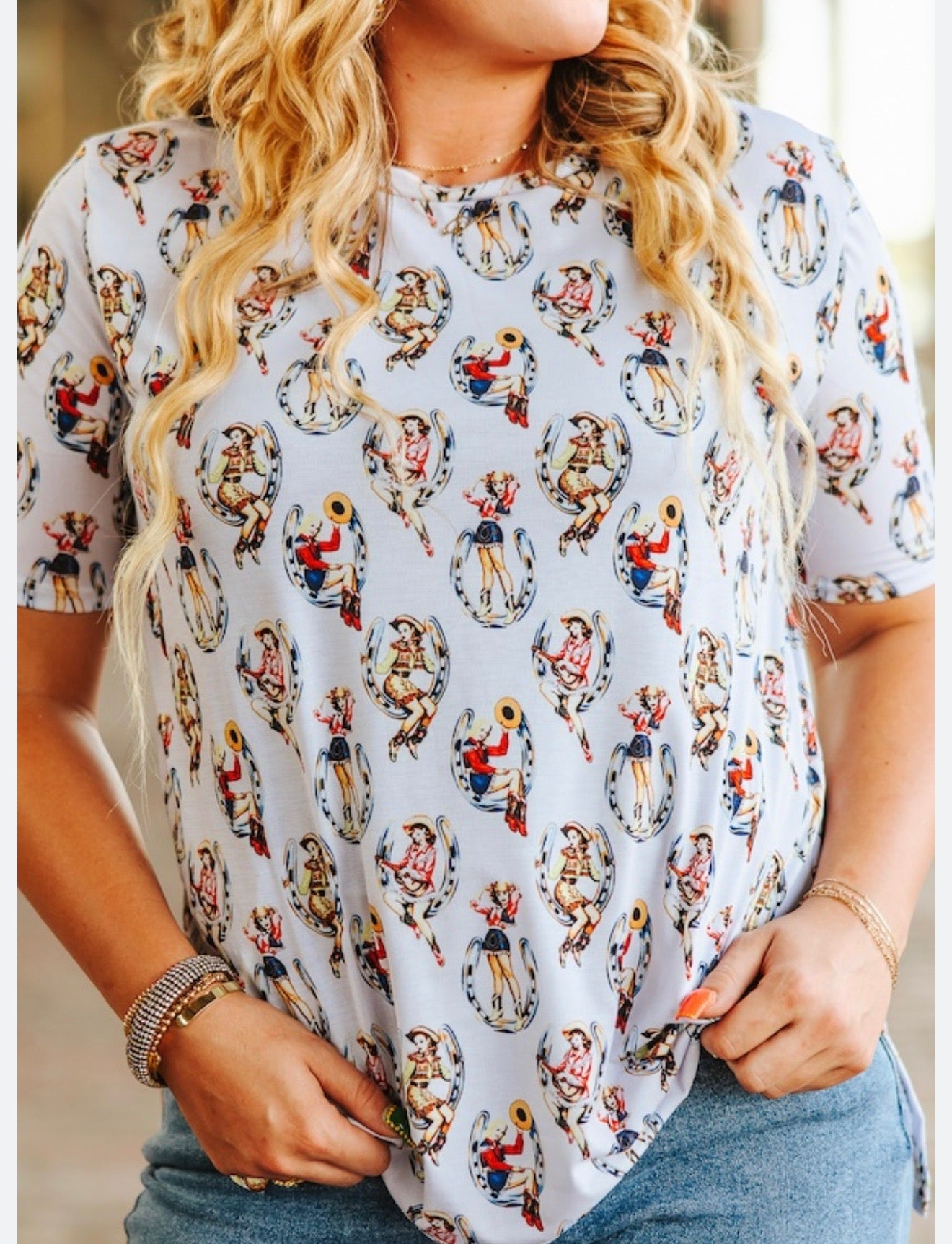 Cowgirl Pinup Printed Roll Short Sleeve Top