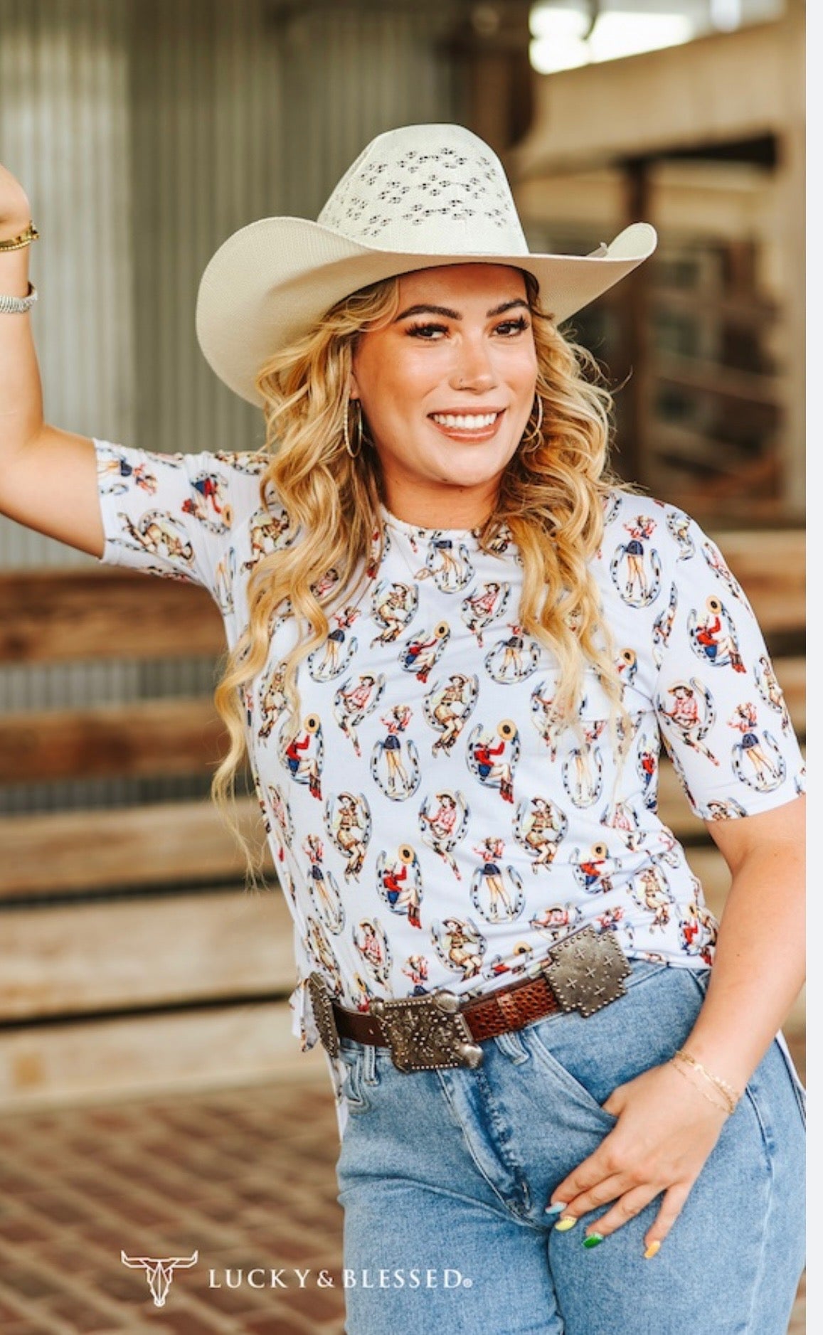 Cowgirl Pinup Printed Roll Short Sleeve Top