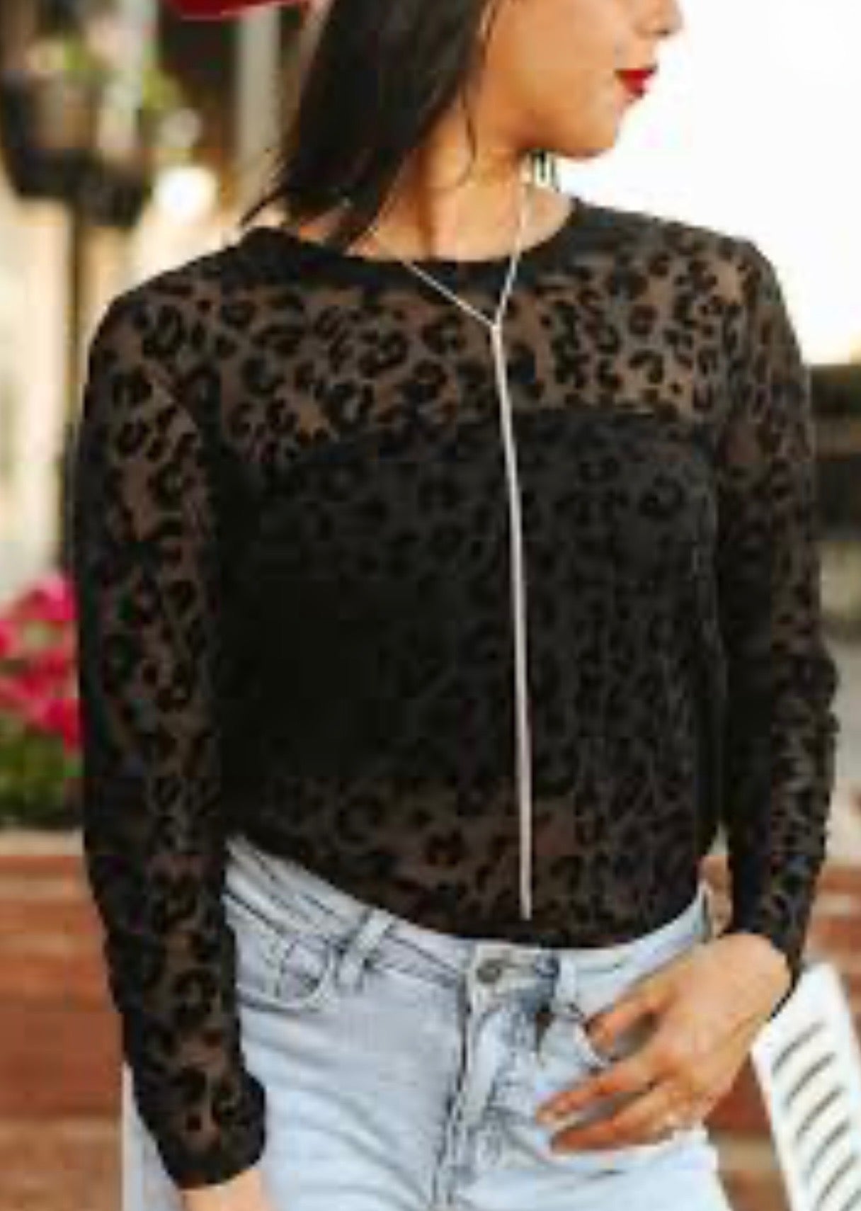 Black leopard burnout mesh long sleeve top
