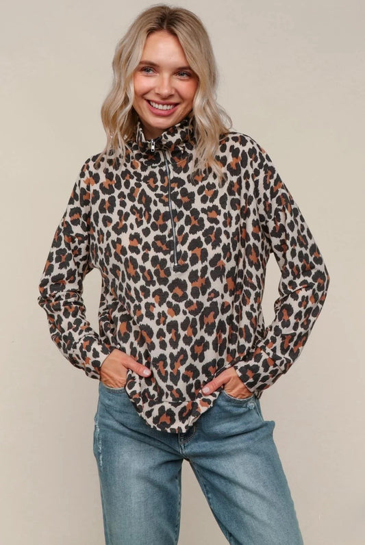 Leopard high neck half zip sweater top