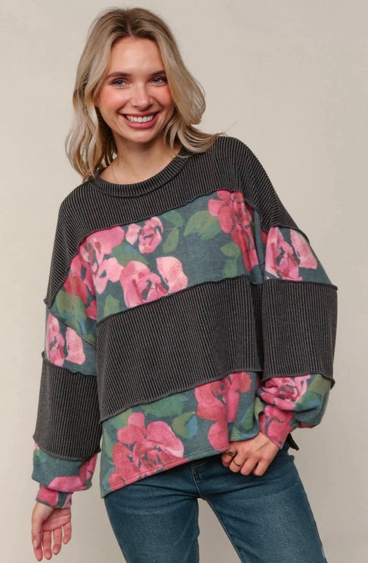 Round neck bubble long sleeve knit top