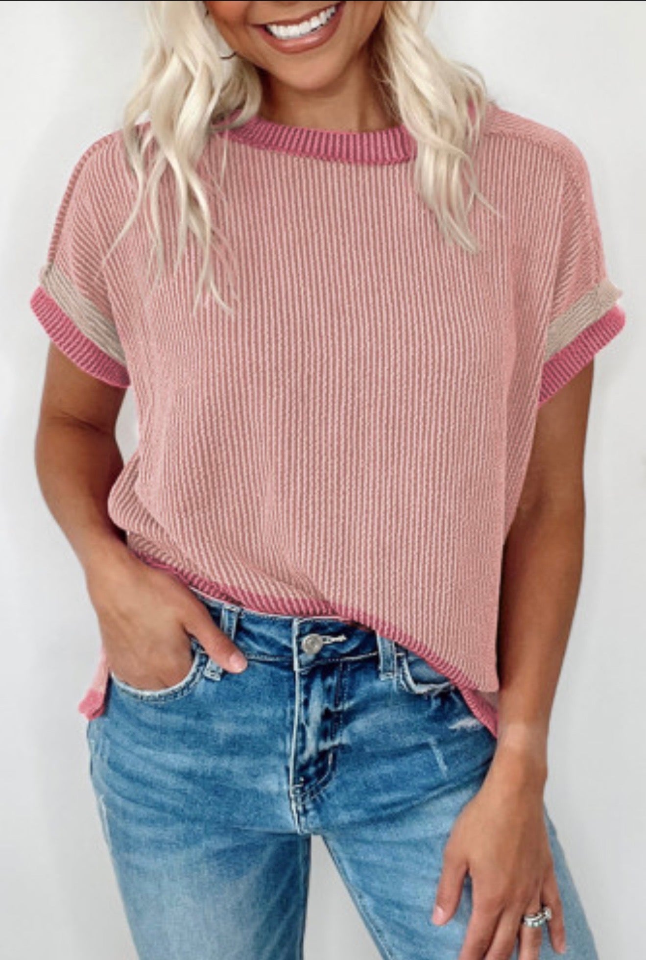 Textured knit exposed stitching t shirt