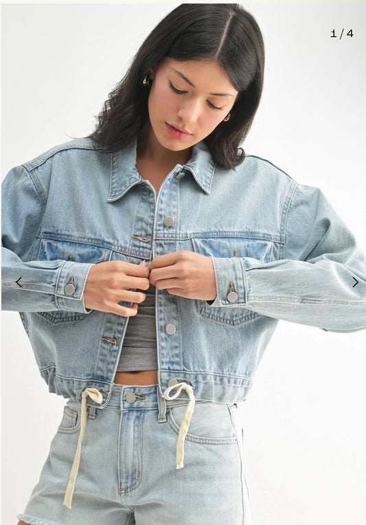 Tied waist denim crop jacket