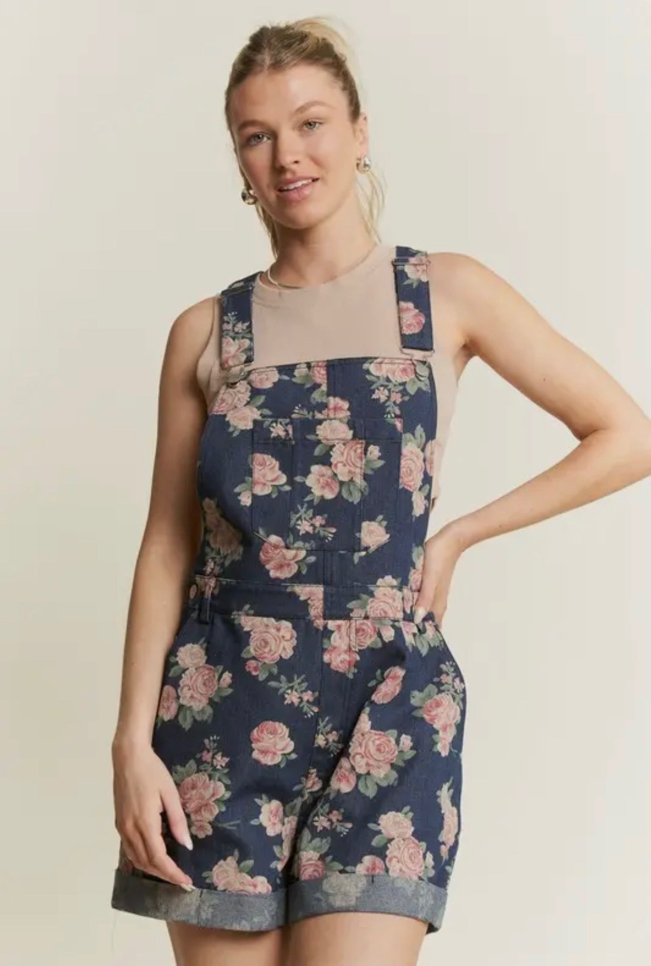 Floral print denim romper