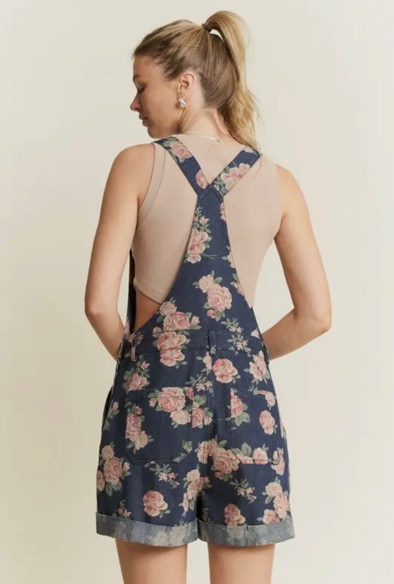 Floral print denim romper