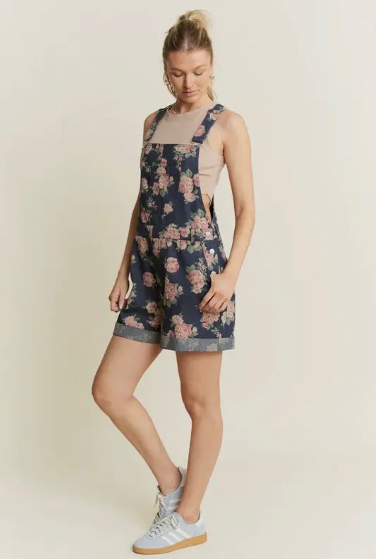 Floral print denim romper