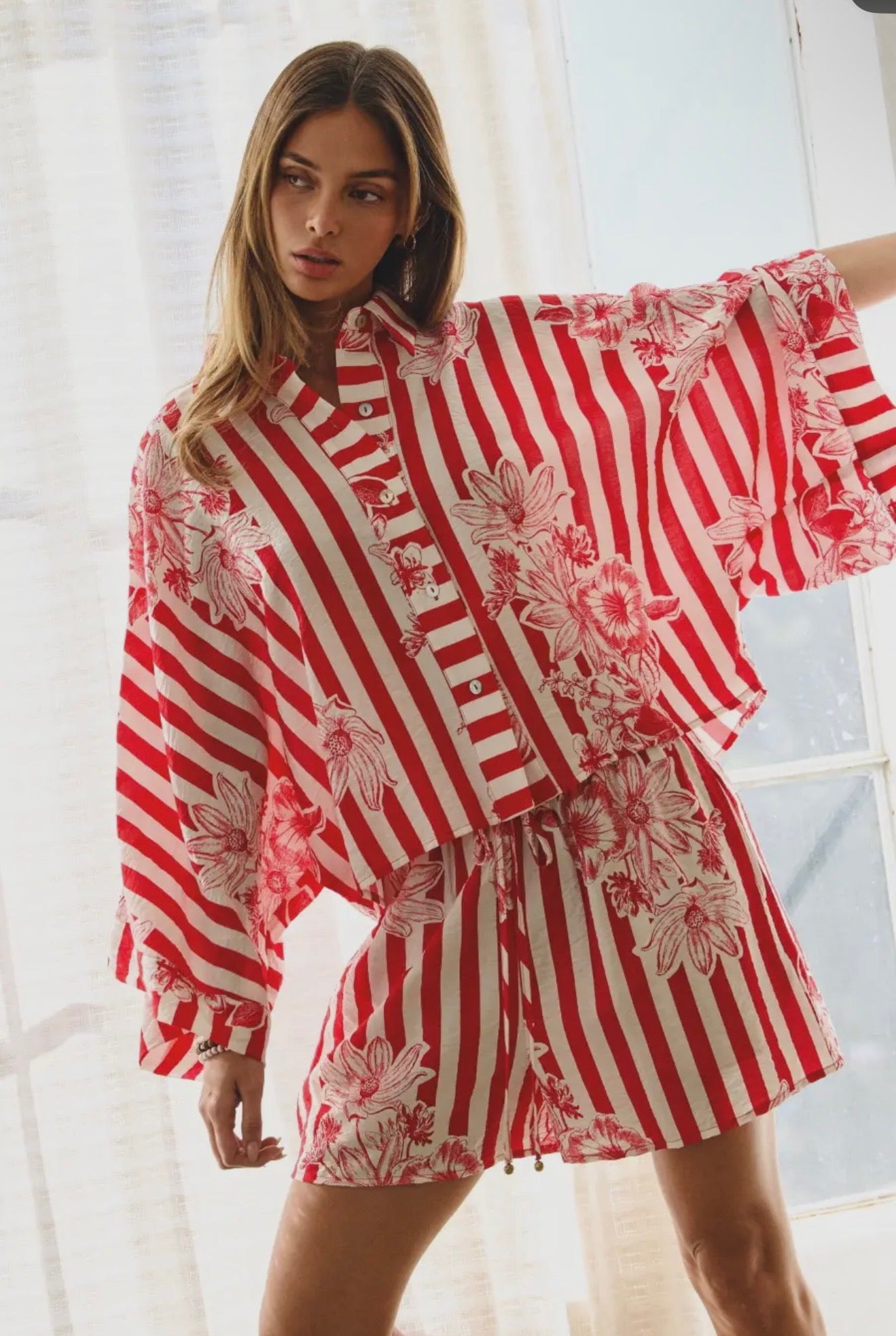 Striped floral printed shirt & short set
