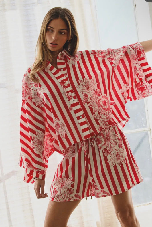 Striped floral printed shirt & short set