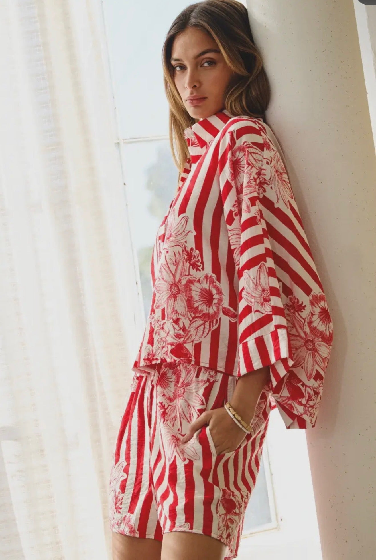 Striped floral printed shirt & short set