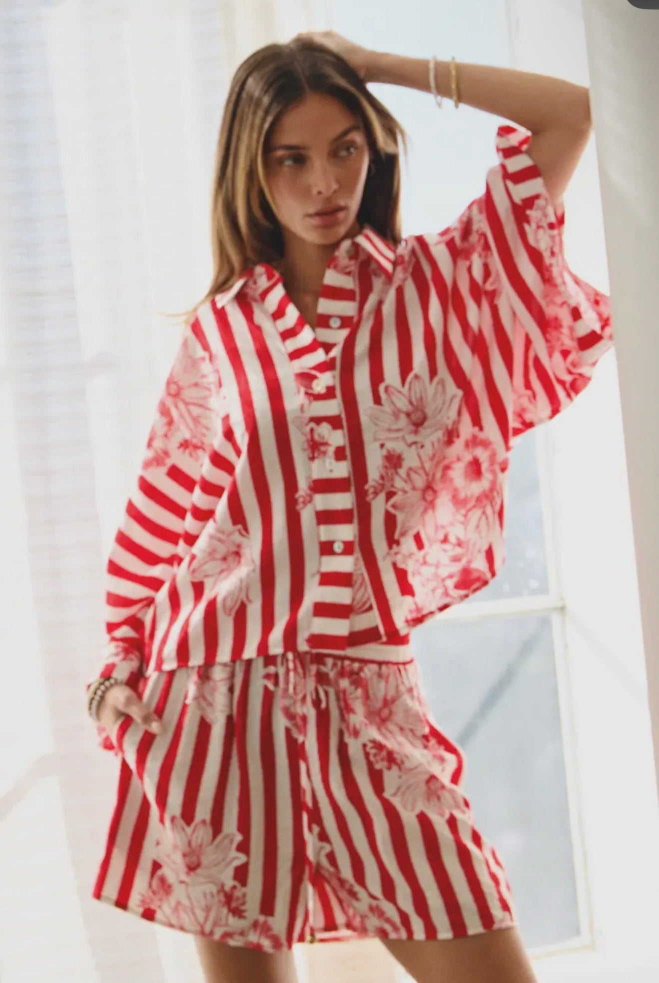Striped floral printed shirt & short set