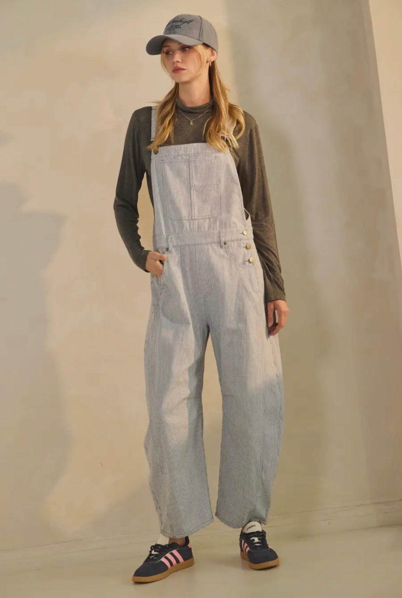 Pinstripe Barrel-Leg Overalls