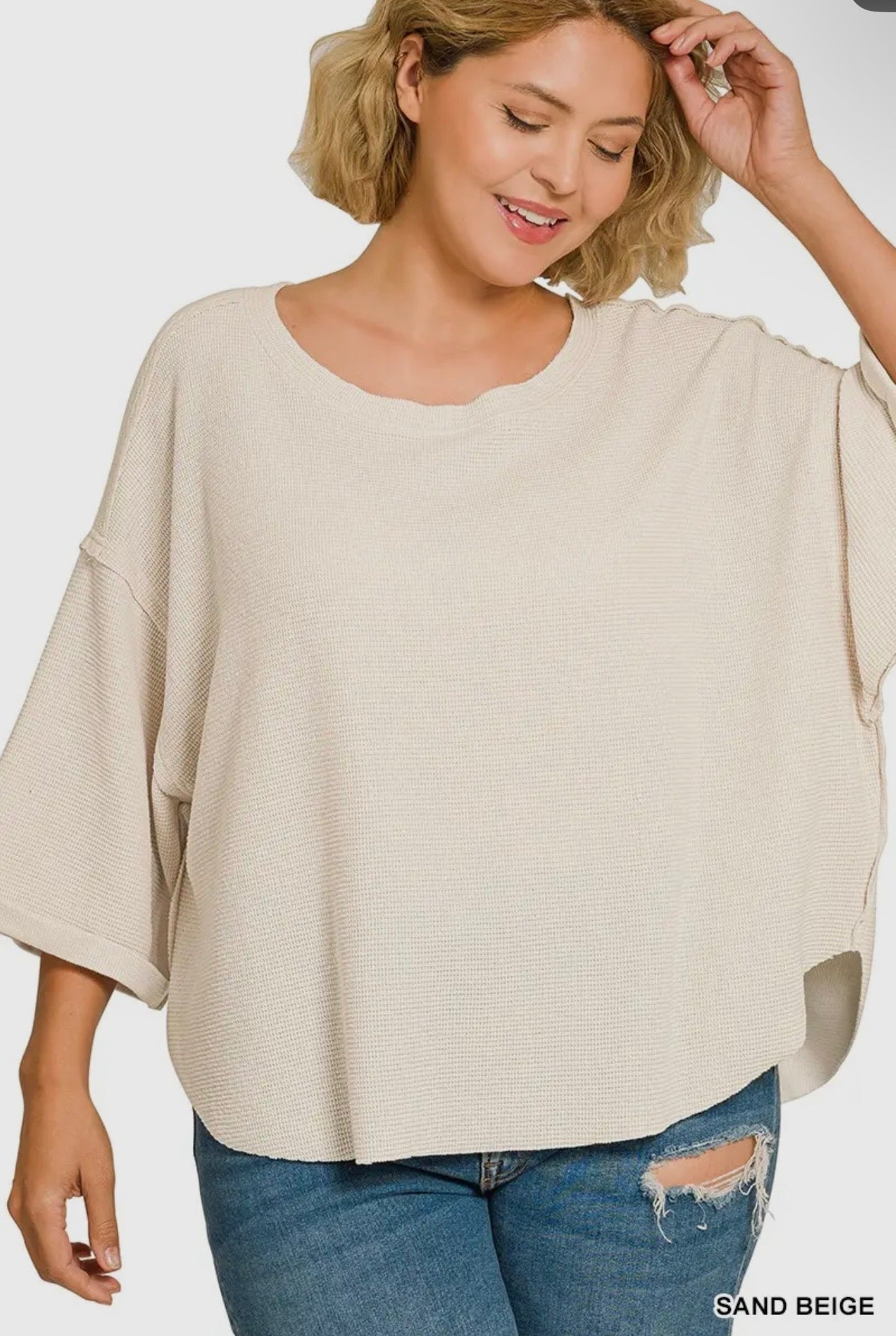Double Knit Exposed Seam Curved Hem Top
