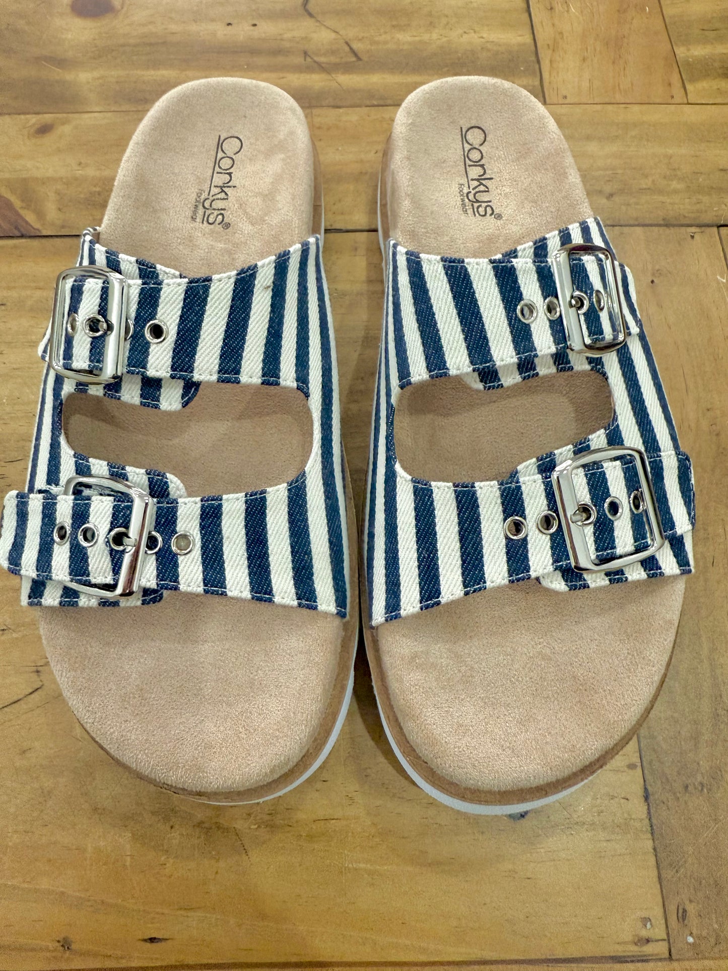Navy Blue & White Natural Stripe Slide On