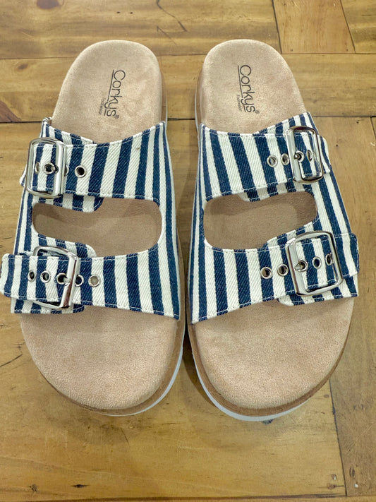 Navy Blue & White Natural Stripe Slide On