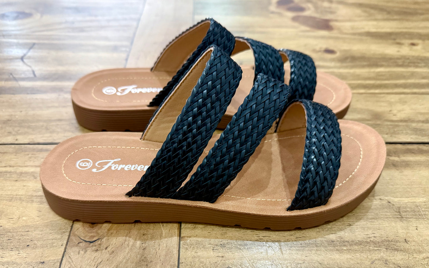 REBEKAH-21 WOVEN TRIPLE STRAP SLIP-ON SANDALS