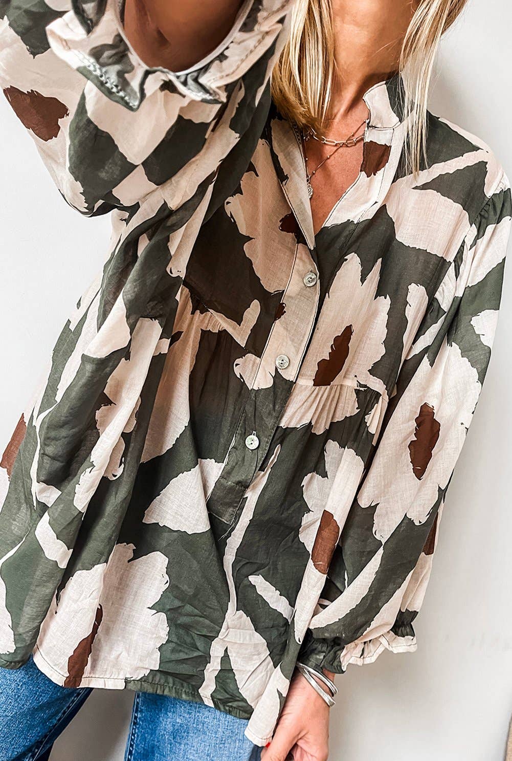 Leaf Clover Abstract Floral Print Puff Sleeve Half Button B