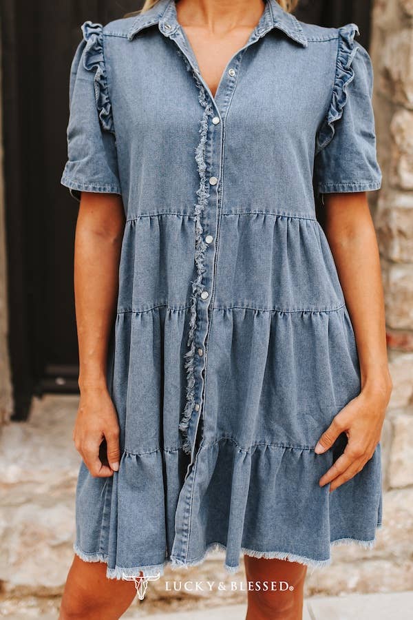 Mid Wash Tencel Denim Ruffle Side Pocket Dress
