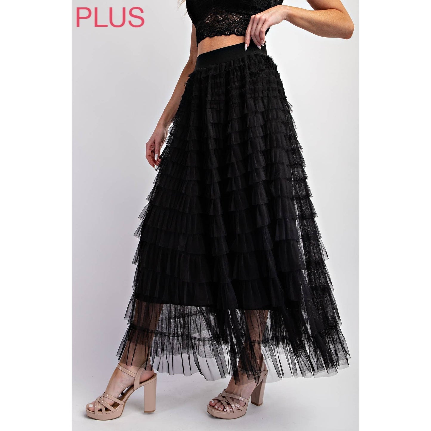 PLUS CASCADING TULLE MESH TIERED MAX SKIRT