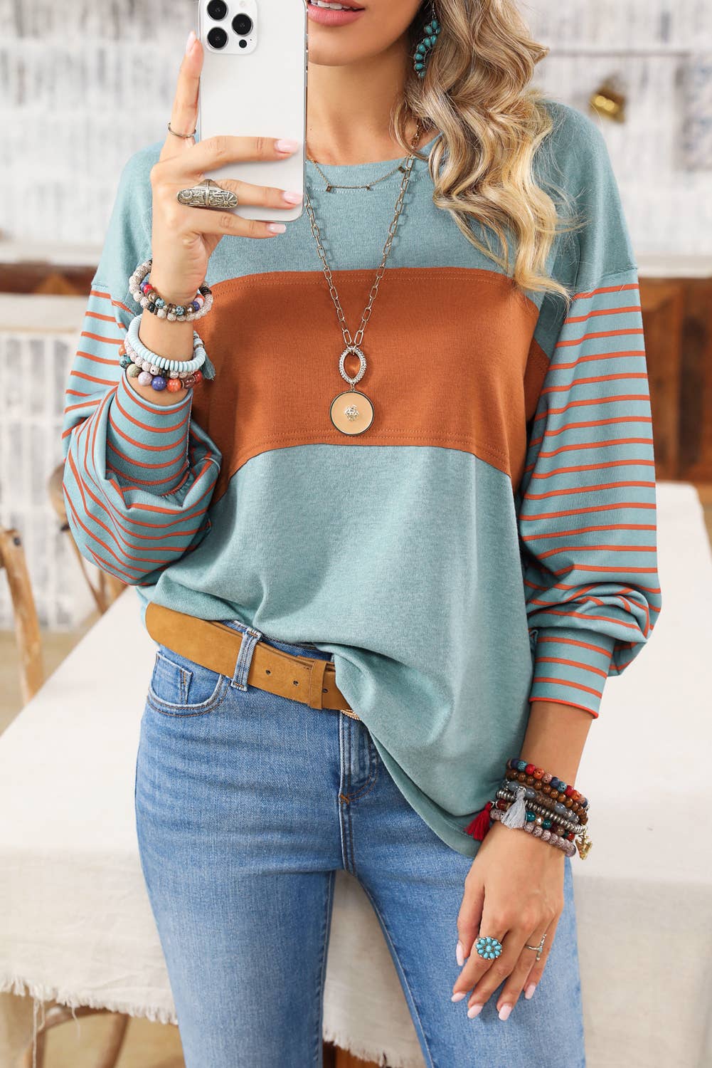 Colorblock Striped Bishop Sleeve Top - 4 Colors
