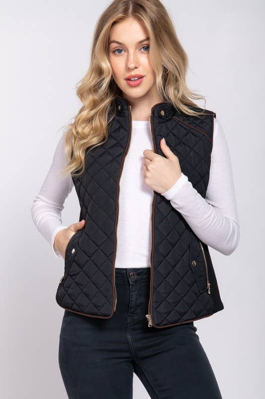 Suede Piping Detail Side Rib Quilted Padding Vest
