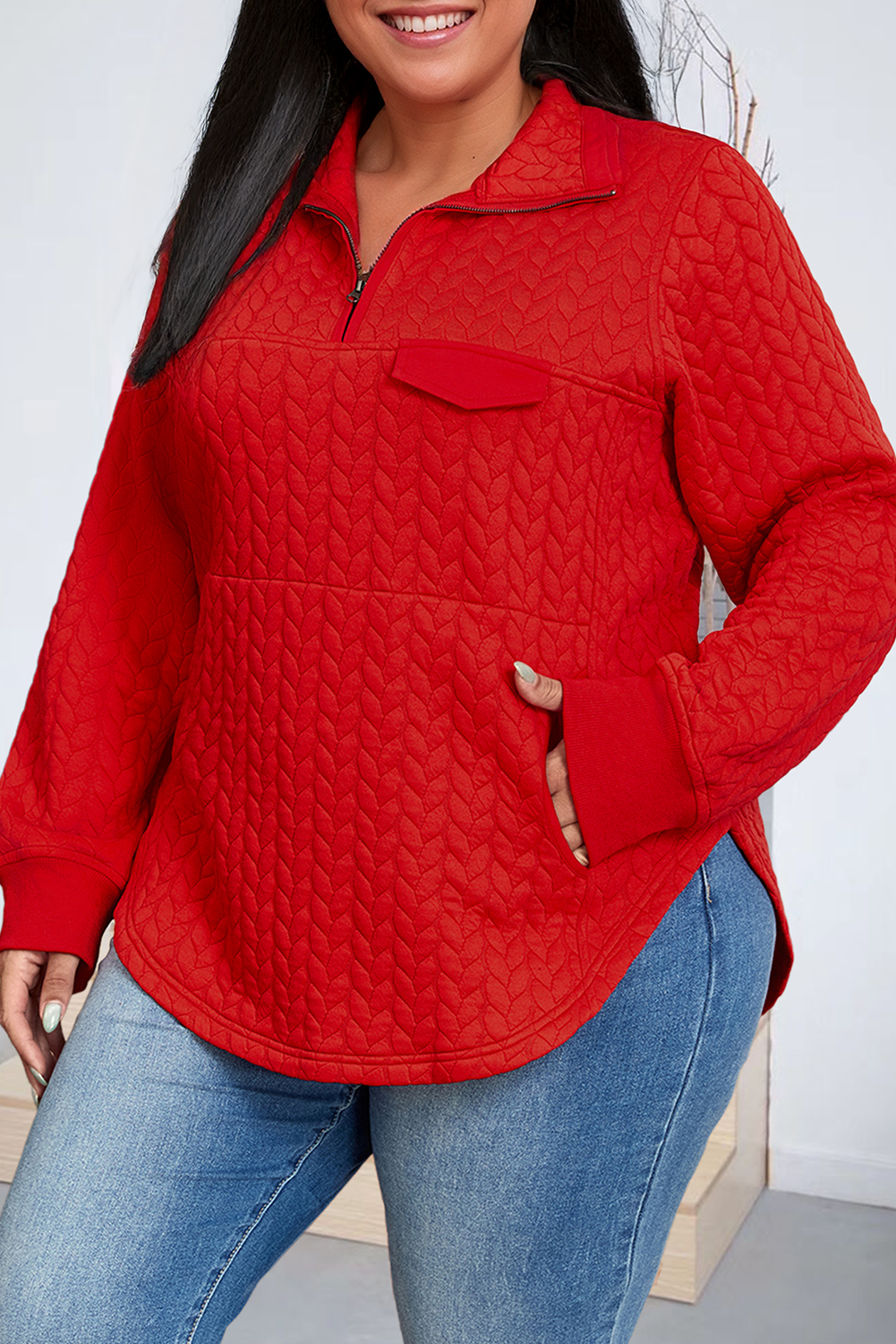 Cable Knit Textured Half Zip Pocketed Plus Size Pullover
