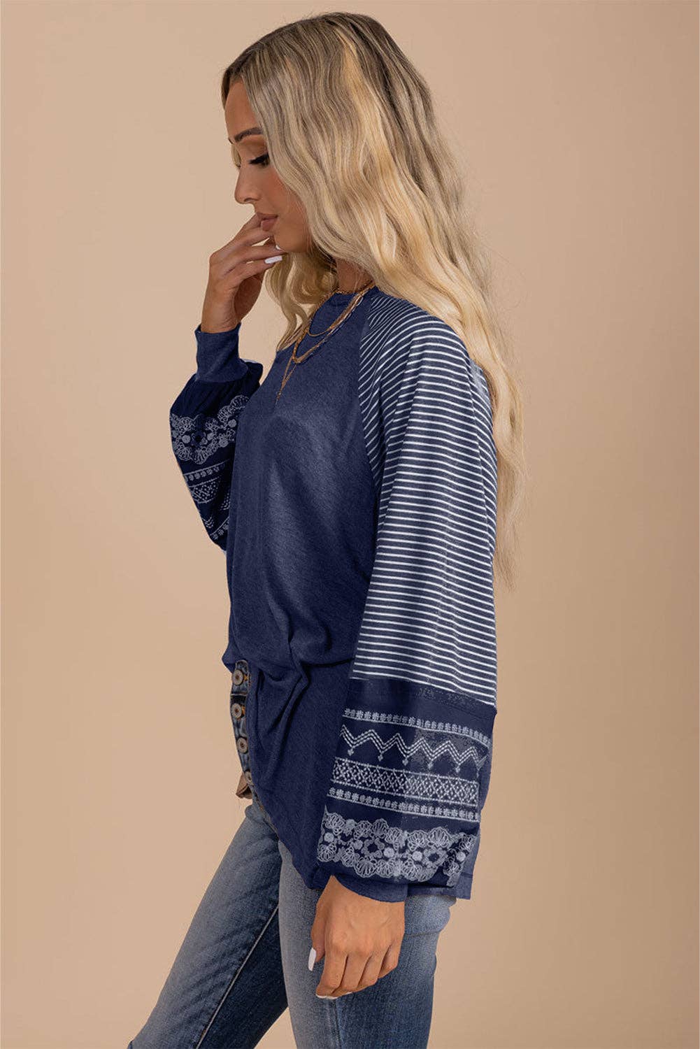 Tillandsia Purple Contrast Print Striped Raglan Long Sleeve Loose Top